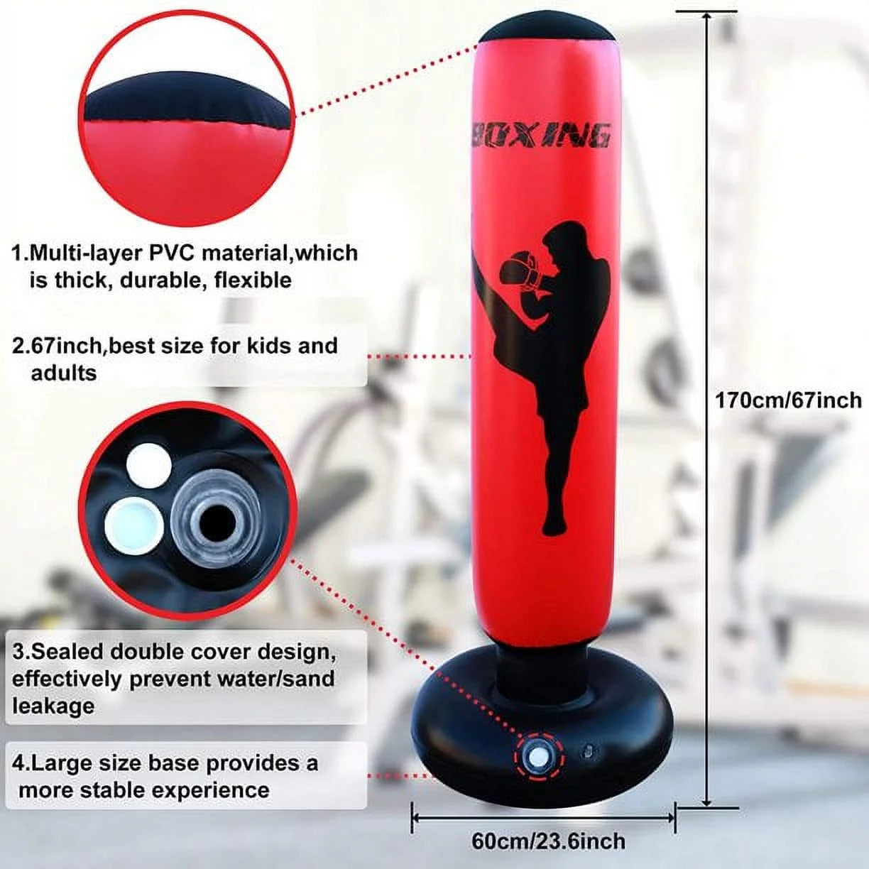 Punching Bag, Freestanding Kickboxing Heavy Standing Punching Boxing Bag, with Stand, for Adults, Men and Women, Teens and Youth, at Home, Gym or Office